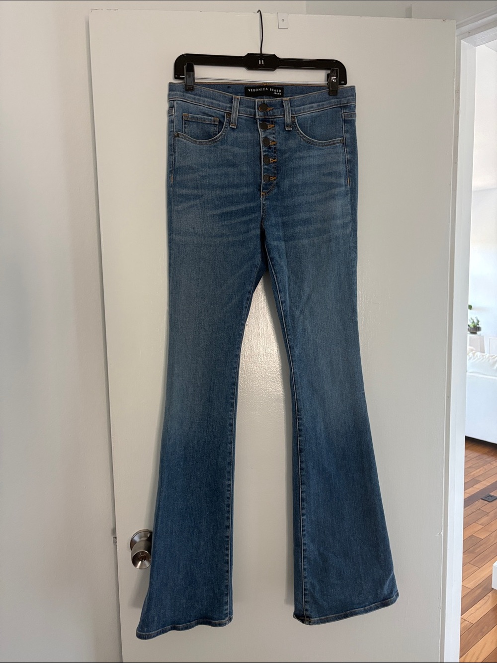 VERONICA BEARD Beverly Medium Blue Button-Fly Flare Jeans